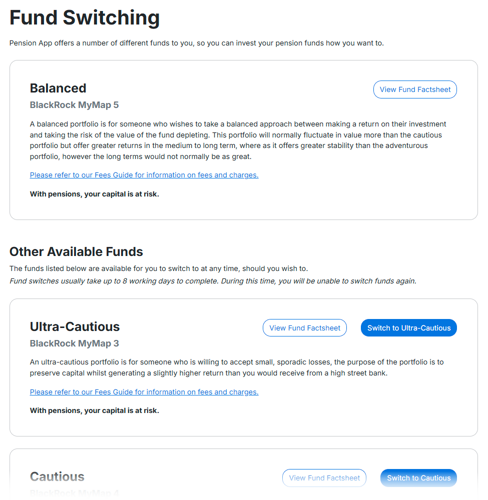 An image showing an example of the Pension App fund switching web interface.