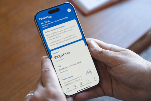 An image showing someone holding a phone, displaying the Pension App account overview page.